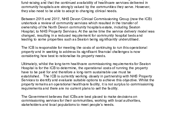 Government response to petition submitted by Richard Foord on behalf of constituents regarding Seaton Hospital